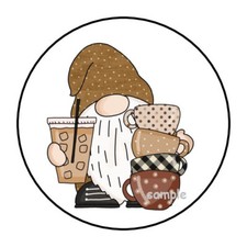 30 GNOME WITH COFFEE ENVELOPE SEALS LABELS STICKERS 1.5" ROUND CUPS