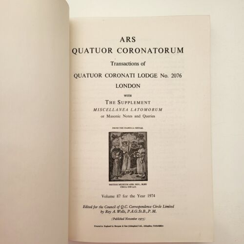 Ars Quatuor Coronatorum - Lodge 2076 - Volume 87 For The Year 1974 - Foto 1 di 5