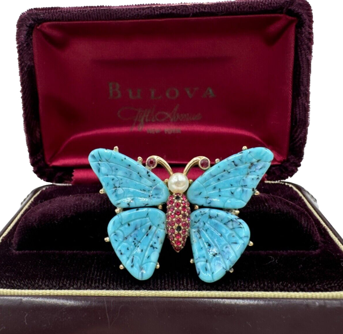 CINER SIGNED BLUE ETCHED GLASS RUBY RED RHINESTON… - image 2