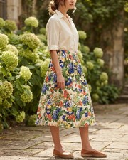 Vintage 80s Floral Skirt Jeri Marque Size 16 Cotton Blend Midi Cottagecore Boho