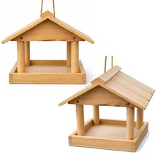 Set 2 x Hanging Wooden Bird Table Feeder Garden Feeding Wood House Roof Shelter