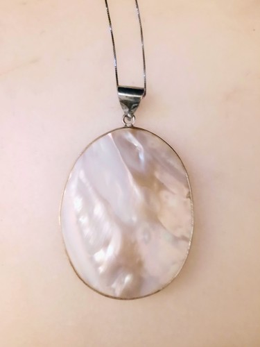 Vintage Sterling Silver 925 Shell Oval Pendant Necklace - Afbeelding 4 van 5
