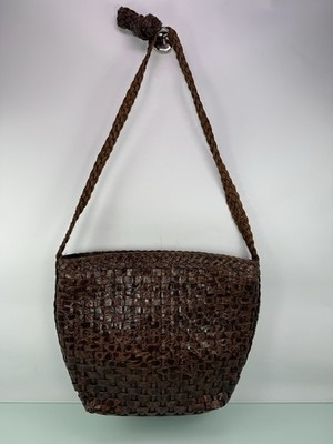 Vintage Woven Brown Leather Shoulder Bag Boho Brazil LJS Collection Handbag 80s