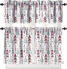 Christmas Kitchen Valance Curtain Set, Xmas Tree Winter Snowflake Pattern Window