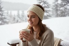 Hand Knit Embroidered Cream White Wool Headband Ear Warmer Hat NEW Fleece Lined