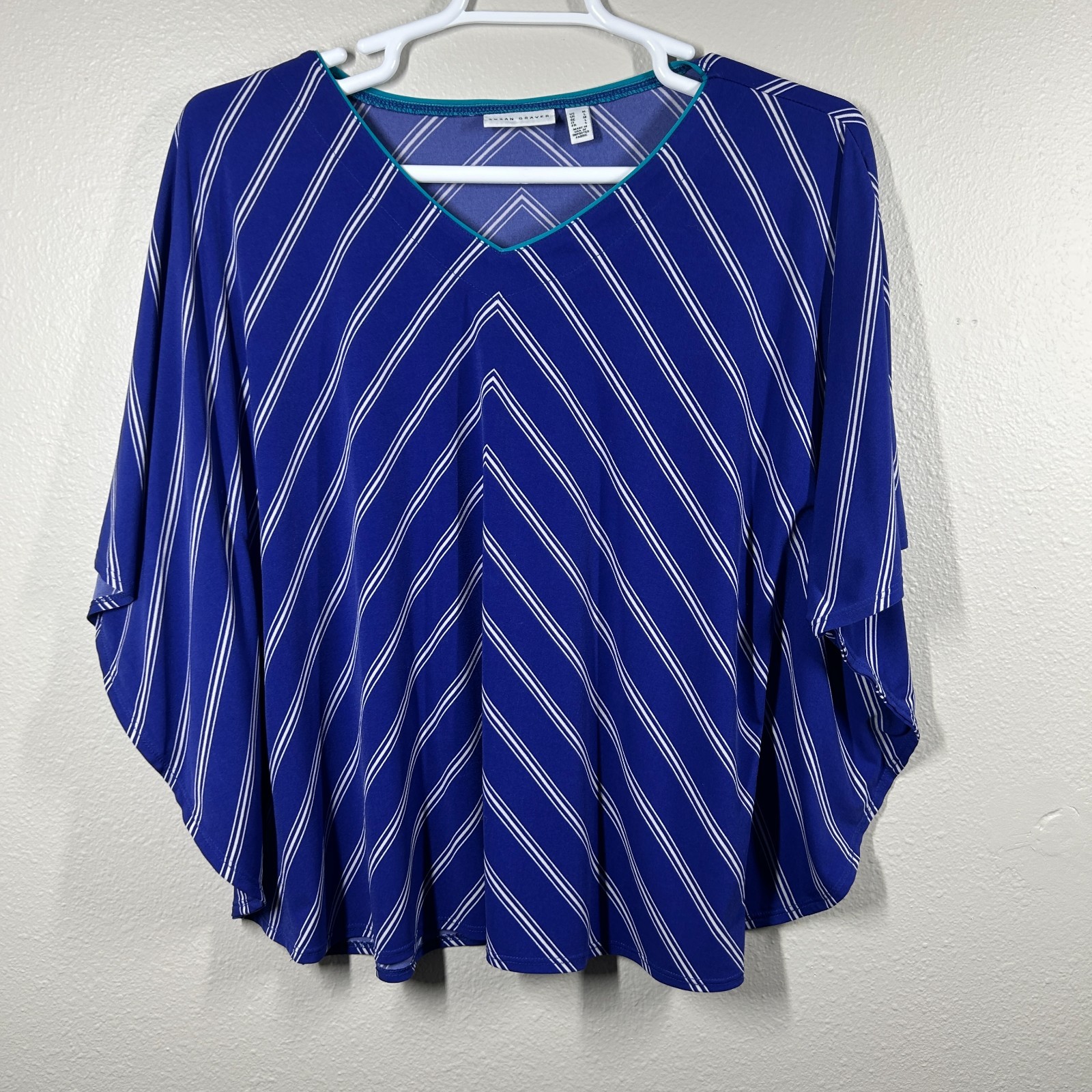 Susan Graver Blue White Chevron Stripe Liquid Knit V-Neck Poncho Top Blouse M