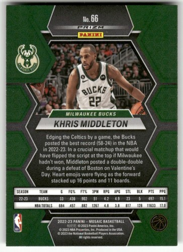 Khris Middleton 2022-23 Panini Mosaic Green #66 Milwaukee Bucks - Picture 2 of 2