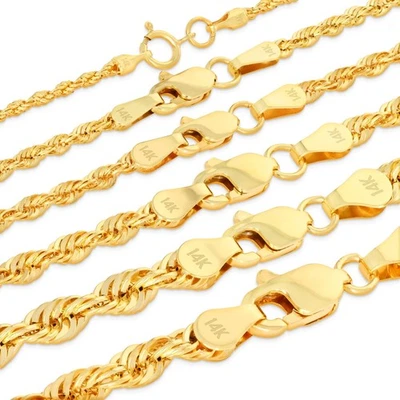 14K Yellow Gold 1mm-4mm Laser Diamond Cut Rope Chain Necklace Men Women 16"- 30" - Image 1 of 4