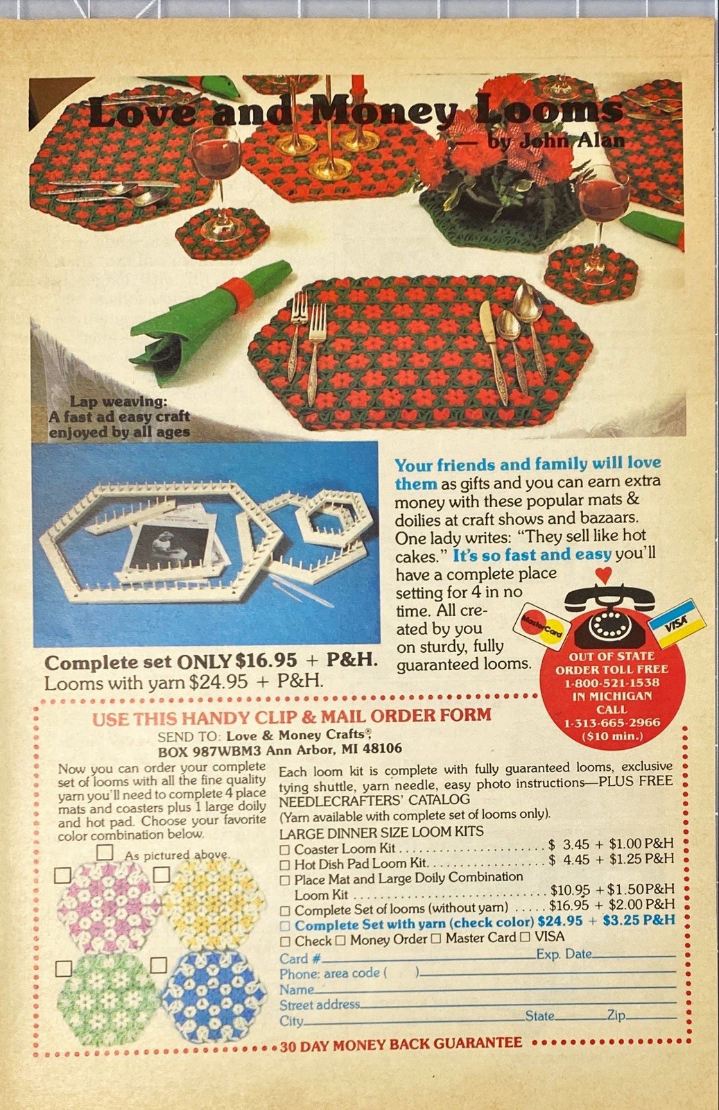 Love & Money Crafts Loom w/ Yarn Set "Friend Family will Love Place Mats" Vtg Ad