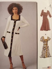 Button Front Dress Sewing Pattern Square Neck Dress Pattern M8434 Stretch 4-12