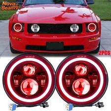 Pair 7" Inch Round LED Headlights Red/Amber Halo DRL Fit Ford Mustang GT Coupe