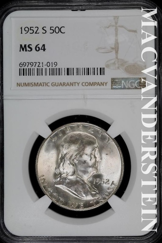 1952-S Franklin Half Dollar- NGC MS 64- Lustrous- No Reserve #SLA993