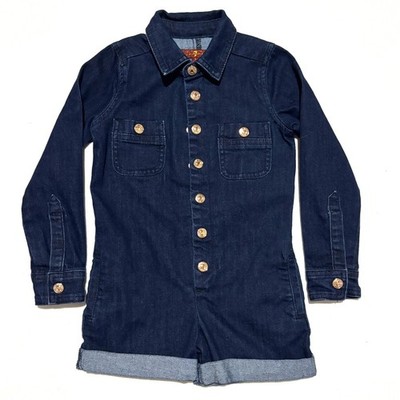 SEVEN FOR ALL MANKIND Kids Denim Jean Romper Jumpsuit One Piece Gold Button 5