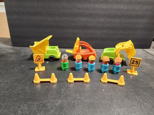 Vintage Lot of 13 Fisher Price Little People Construction Workers & Vehicles