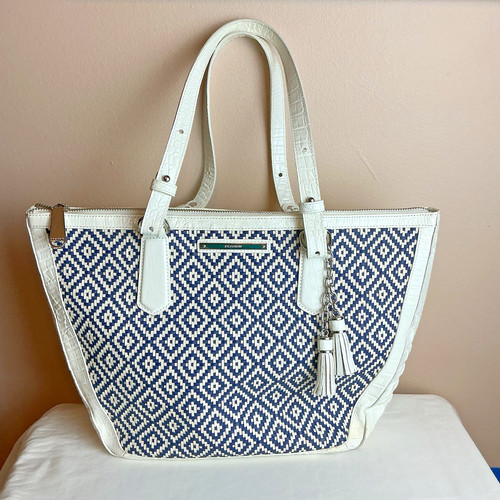 Brahmin Melbourne Willa Royal Palm White Navy Blue Tote Shoulder Handbag Purse