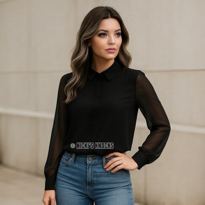 Anthropologie See U Soon Sheer Sleeve Black Collared Button Blouse Size XS