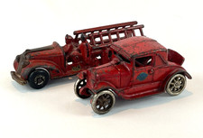 Pair of 1920's Cast Iron Arcade Toys Ford Coupe with Bumper Seat and Fire Engine