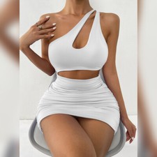 Women Oblique Shoulder Sleeveless Solid Hollow Out Bodycon Club Party Mini Dress