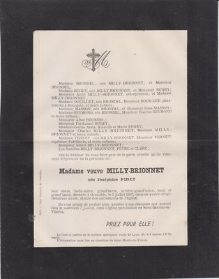 1897 Sterbeurkunde Frau Witwe MILLY-BRIONNET geboren Joséphine PINET - Grenoble.