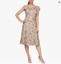 Alex Evenings Tea Length Mother of The Bride Dress Rosette Lace (Champagne, 12)