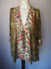 Nicole Miller Collection 100% Silk Kimono Top Sheer Tie Waist Boho Floral Size L
