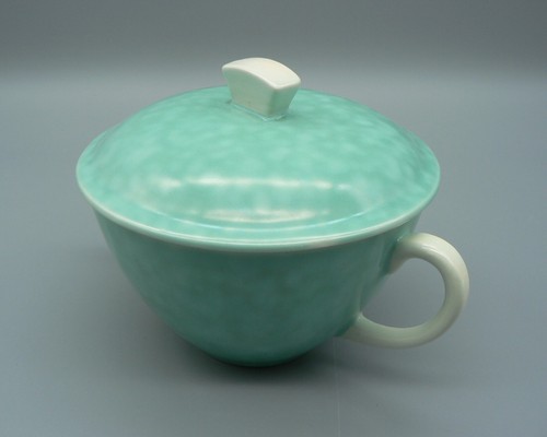 POOLE POTTERY RARE SHAGREEN CONSOMMÉ CUP COVER STAND 1930S DECO LIDDED SOUP BOWL - Picture 10 of 16