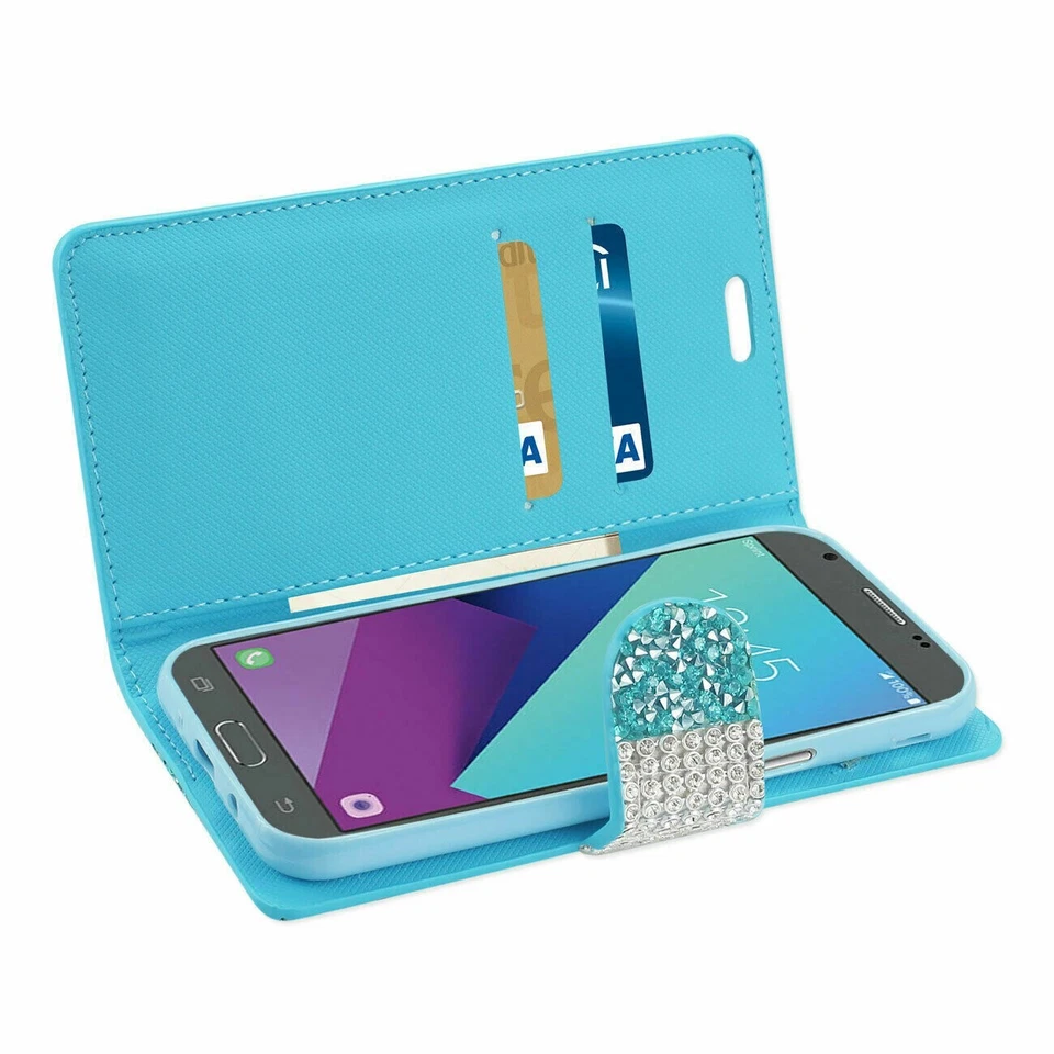 (Vidrio Templado) Funda Cartera Samsung Galaxy J3 Emerge Diamante Estrás Azul/Rosa Foto 2 de 3