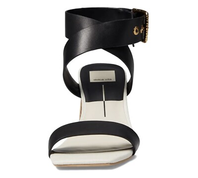 Dolce Vita Paytin Heels Black Leather Gold Buckle Sandals Womens