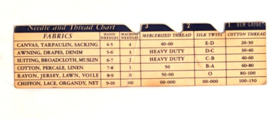 Vtg White Rotary Sewing Needle Thread Chart -What to use with different fabrics