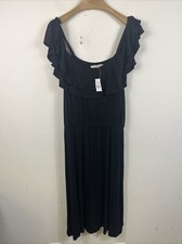 LOFT Black Knit Cold Shoulder Ruffle Dress Gathered Waist Women's Size Large NWT