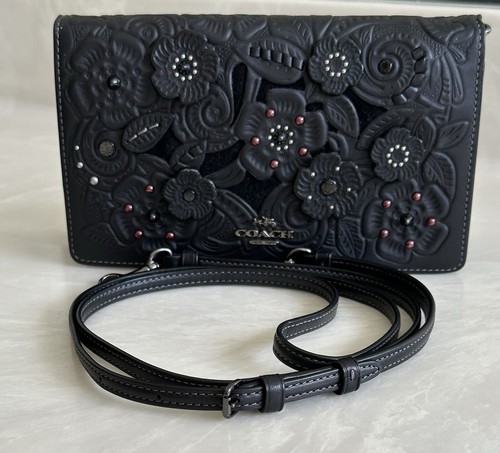 COACH TEA ROSE & TOOLING FOLD OVER BLACK CLUTCH/CROSSBODY MIXED LEATHERS 12057 - Picture 5 of 24