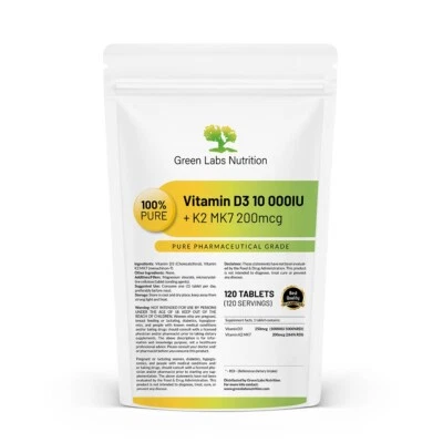 GREEN LABS NUTRITION Vitamine D3 10 000 UI + K2 MK7 200mcg, comprimés Soutien immunitaire, os solides