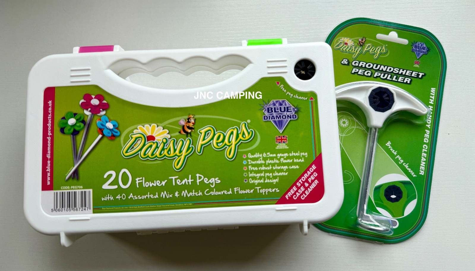 20 x Daisy Tent Pegs + Puller Mix & Match Flower Heads Storage Case Peg Cleaner
