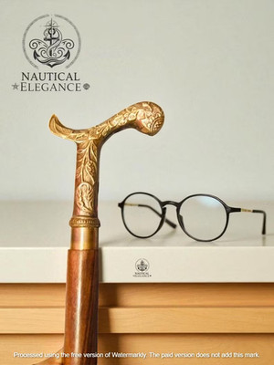 Vintage Handcrafted Wooden Walking Cane with Brass Handle Carved