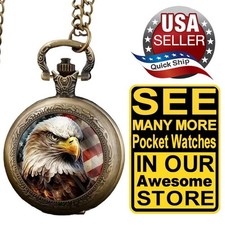 Retro Style Bronze Bald Eagle  American Flag Quartz Pocket Watch with Chain