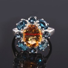 Natural Citrine  London Blue Topaz With 925 Sterling Silver Women's Ring 106
