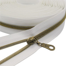 5 Antique Brass Metallic Nylon Coil Zippers by The Yard Bulk White Tape 10 Yard