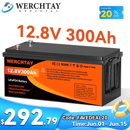 12V 300AH LiFePO4 Lithium Battery 15000+Cycles 200A BMS Solar Off-grid RV 3.8kwh