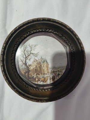 Vintage Jan Van Goyen Miniatur runder gerahmter Druck Winter Eislaufen Szene 991-