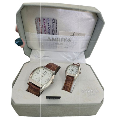 Anriya Milan Mens Womens Matching Watch Set Brown Leather Bands Casual Vintage 