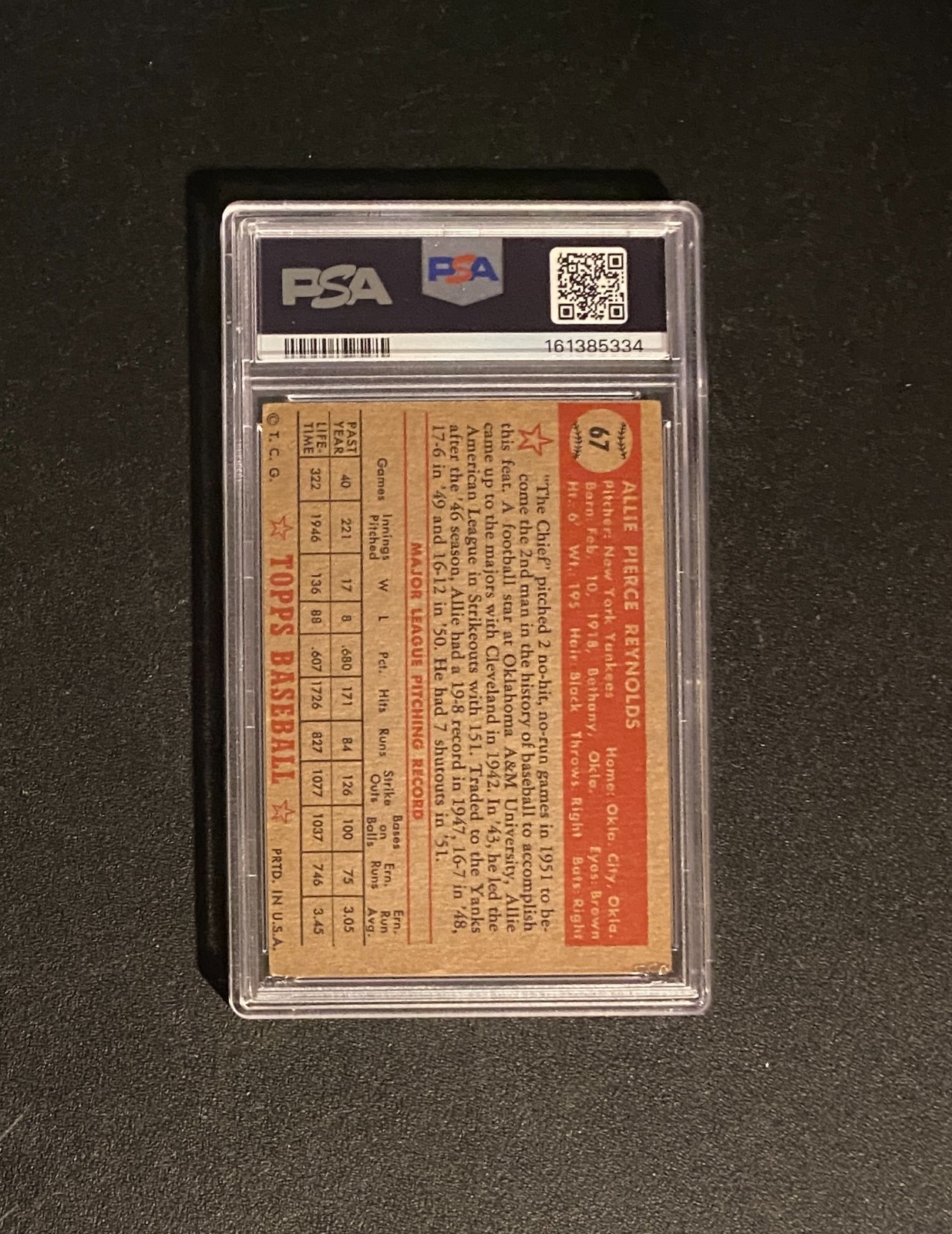 1952 Topps #67 Allie Reynolds PSA 3 VG; CN#161385334 Vintage Yankees JUST GRADED view 2