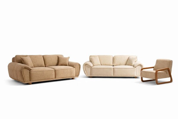 Wohnzimmer-Set Sessel 3-Sitzer-Sofa Beige Moderner Stil Holzrahmen Neu-image