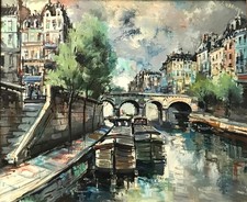 J. WARNER-Grand Tableau HSP- Péniches à Quai -PARIS- Milieu XXème- EXPRESSIONISM