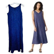 Eileen Fisher Crushed Silk V-Neck Midi Dress Blue XS Relaxed Luxe Spring 2025