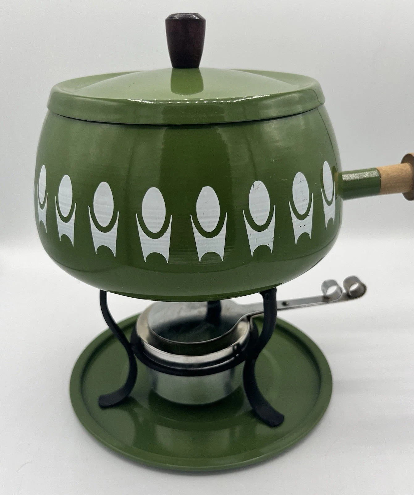 Vintage Green Fondue Pot Set w/Stand, Burner, Lid, Metal & Wood Handle & Box