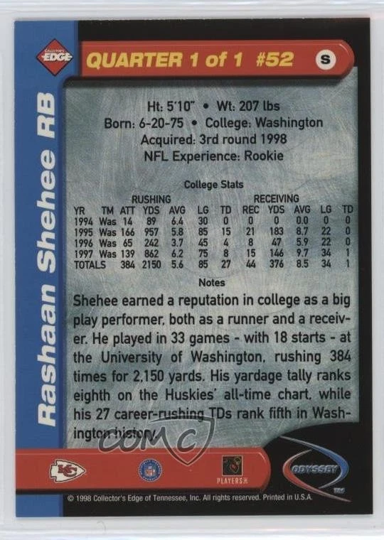 1998 Collector's Edge Odyssey Rashaan Shehee #52S Rookie RC - Image 2 of 2