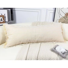 Lumbar Pillow Cover Cream & Gold Striped Throw Pillow Fringe Accent 36" X 14"NWT