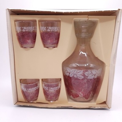 Vintage MCM Luminarc Service Liqueur Decanter Set Pink Fruit Glass France NIB