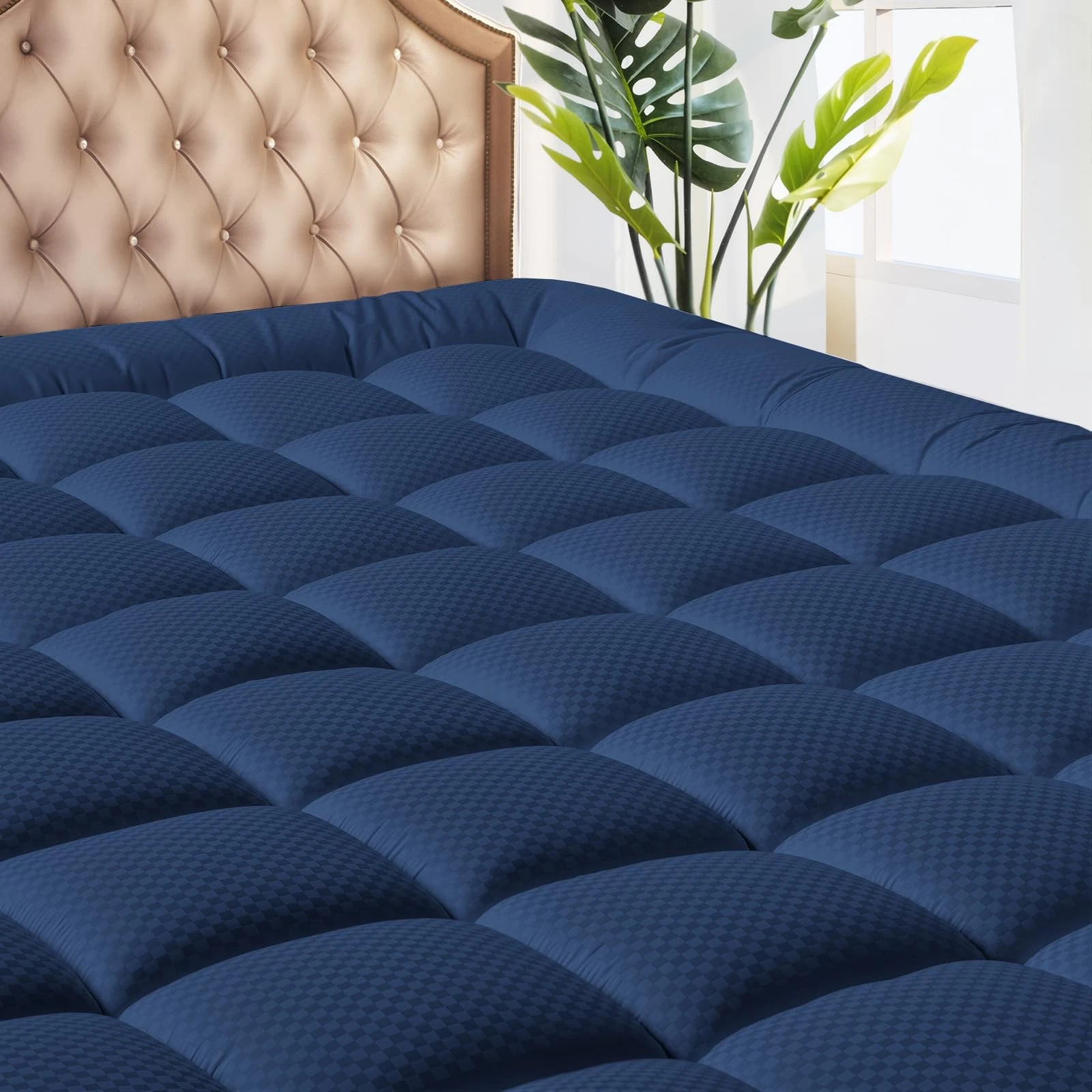 Full Size Cooling Mattress Pad - Quilted Topper, Deep Pocket, Washable, Navy