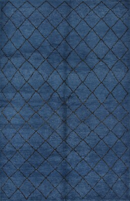 Moroccan Rug 6 2  x 9 8  Blue Wool Contemporary Geometric Hand-Knotted Carpet